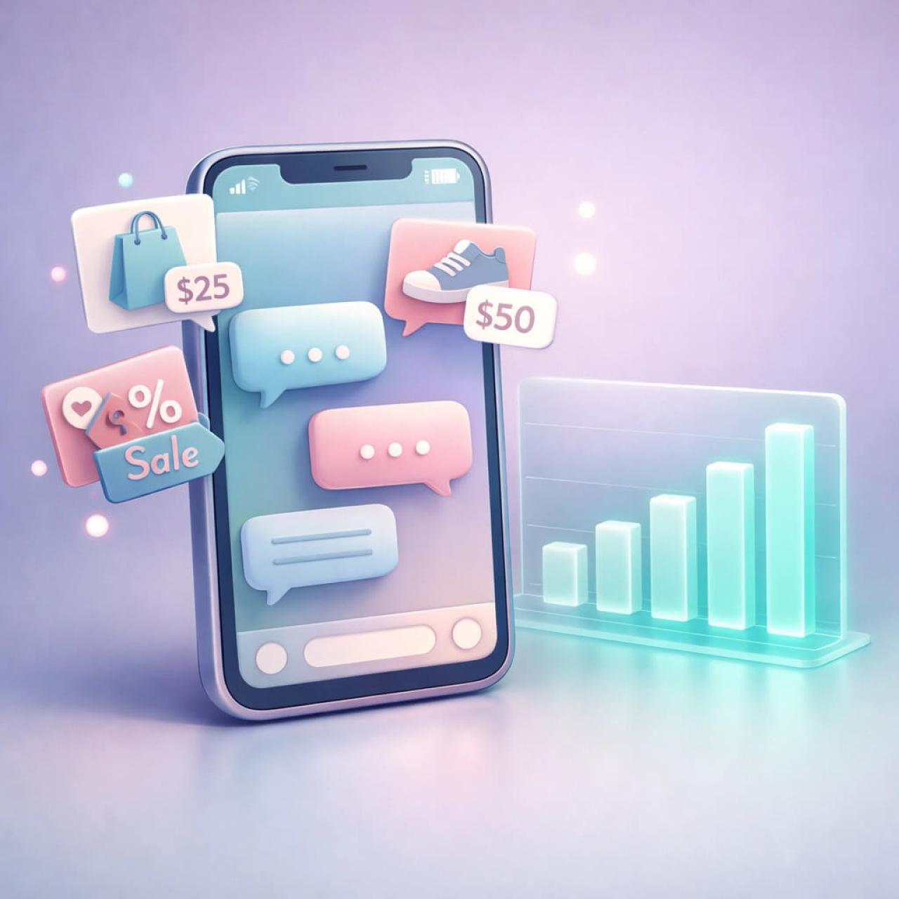 Smartphone showing ChatGPT chat interface with floating ad cards and basic impression metrics