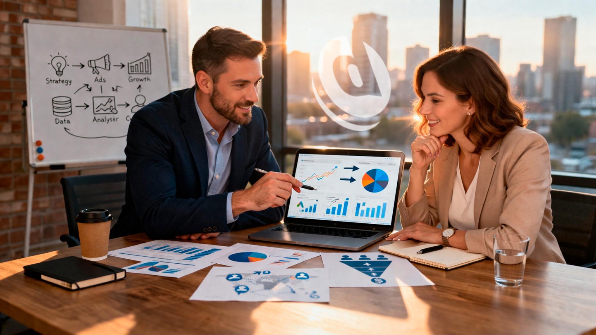 Un partenaire marketing stratégique et un propriétaire d'entreprise envisageant une forte croissance avec une stratégie publicitaire à ROAS de 10x.