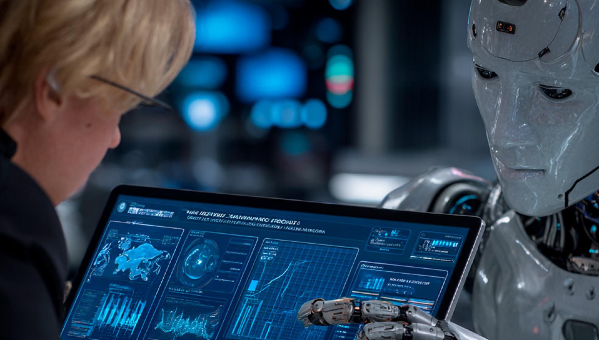 Human and AI hands optimizing a Google Ads interface to improve bidding strategy and advertising ROI.