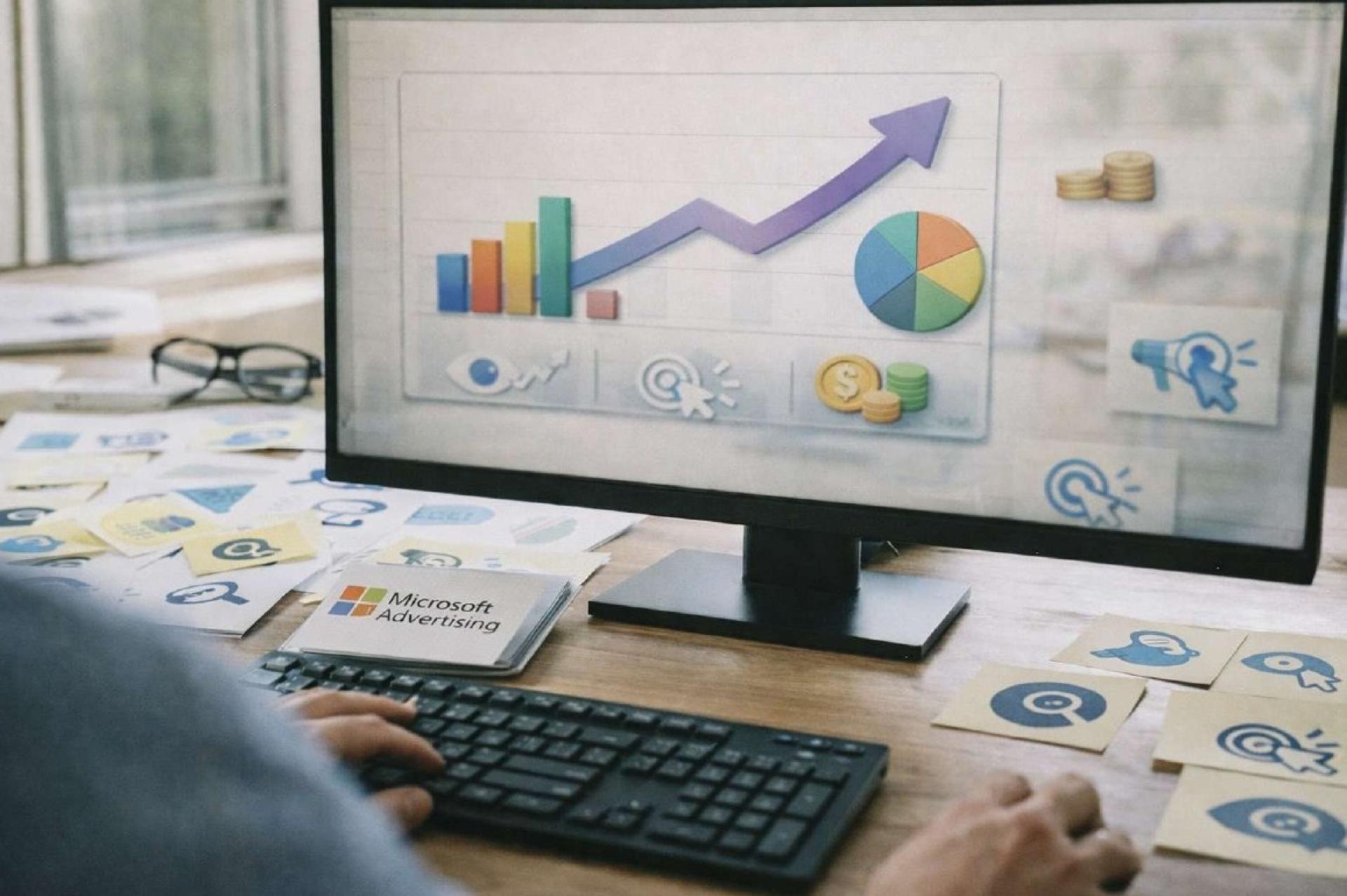 Microsoft Ads conceptual graphic comparing high-volume clicks to valuable conversion goals.